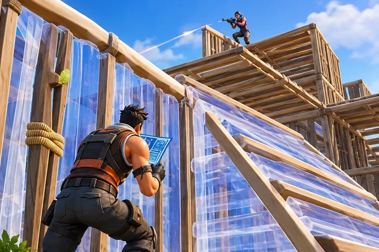 A player places a wall and ramp while an opponent takes a higher position on a wooden structure.
