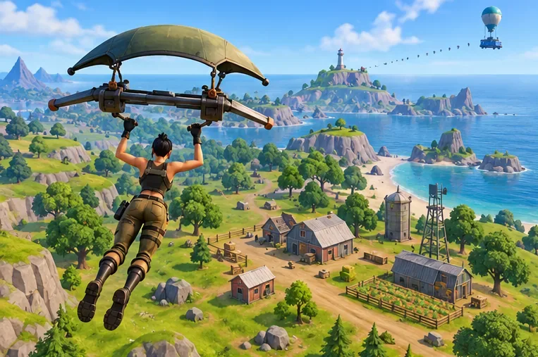 A player glides toward a quiet coastal settlement with open fields, nearby buildings, and cover.