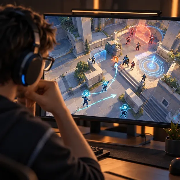 Um jogador analisa uma repetição aérea com marcadores de jogadores e trajetórias de movimento em um monitor.