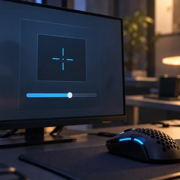 Um monitor de computador exibe uma pré-visualização simples da mira e um controle deslizante de sensibilidade ao lado de um mouse para jogos.