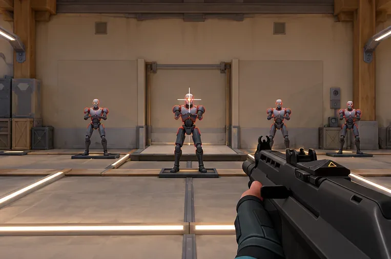 A player practices controlled shots on stationary bots in a tactical shooter training range.