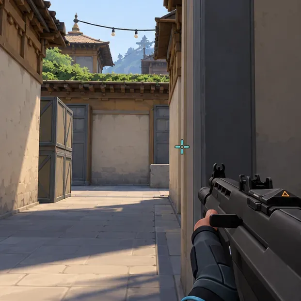 A first-person VALORANT view with the crosshair held at standing head height near the end of a lane.