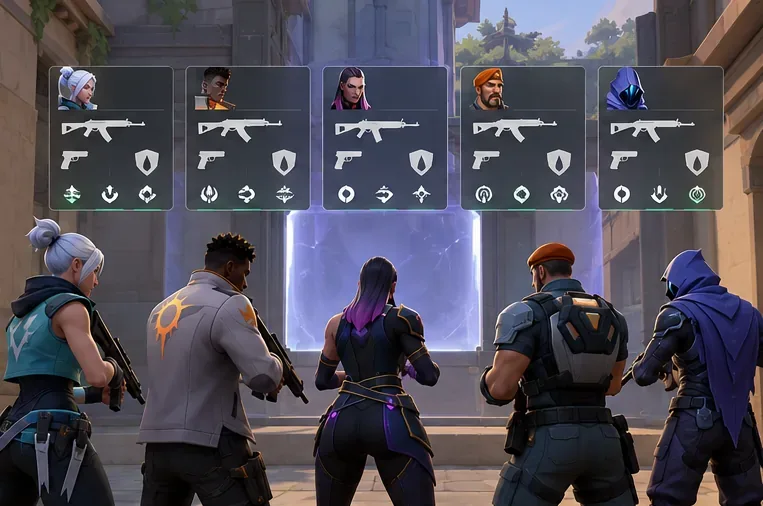 Five teammates prepare together with weapon, armor, and ability symbols above them during a buy phase.