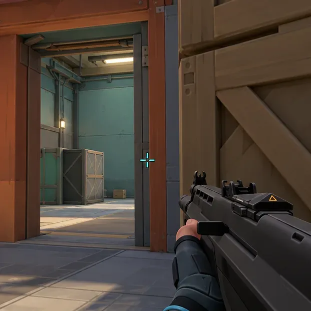 A player holds a doorway angle from cover with the crosshair pre-aimed into the room.