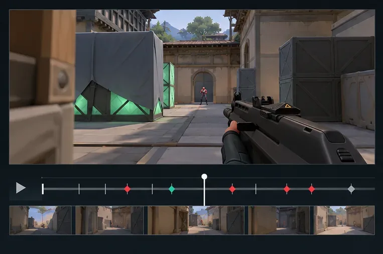 A replay review layout shows a gameplay frame above a playback timeline with round and event markers.
