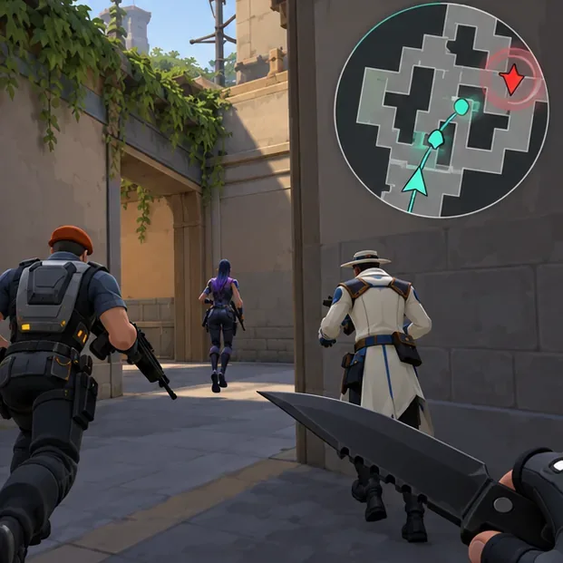 Three teammates rotate toward a red enemy marker on a tactical minimap.