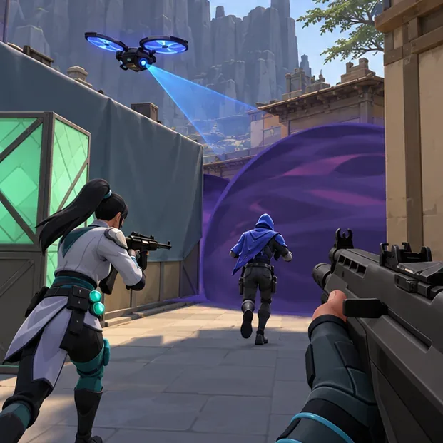 Teammates push behind a smoke while recon utility checks the site and a third player watches the trade angle.