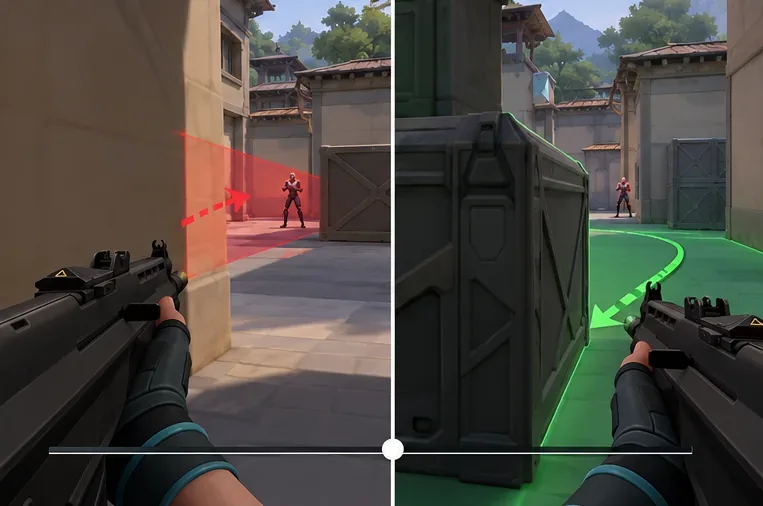 Two first-person views compare an exposed peek with a safer position behind cover.