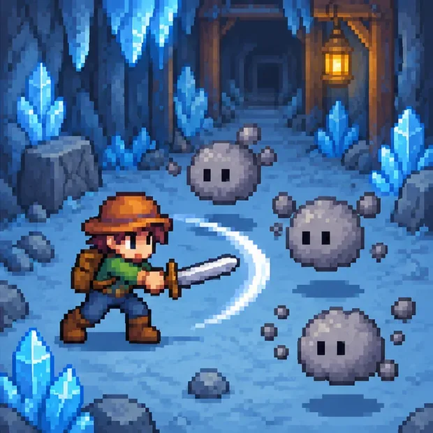 A farmer with a sword faces three round gray Dust Sprites in an icy mine.
