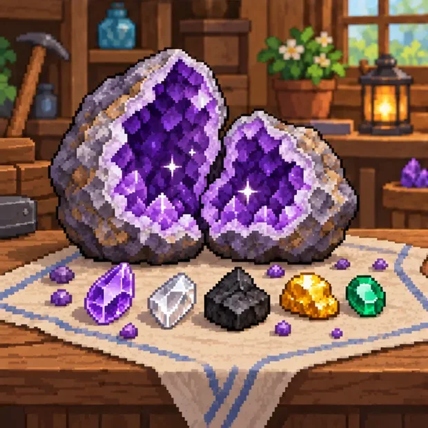 An opened purple geode sits on a workshop table with several mineral drops, including a dark Coal piece.