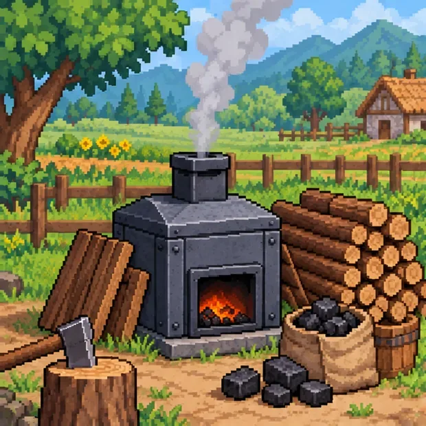 A compact metal charcoal kiln stands beside stacked wood and several dark Coal pieces on a farm.