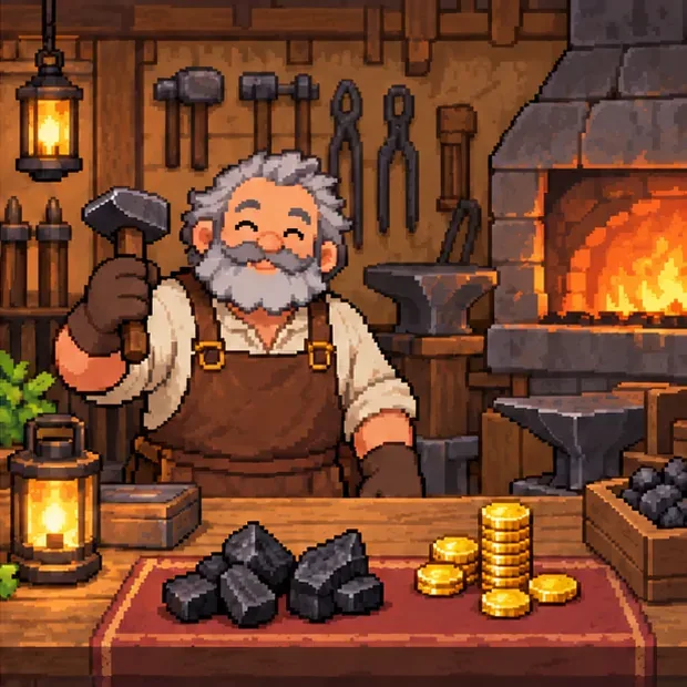 A gray-bearded blacksmith stands behind a counter with Coal pieces and gold coins.