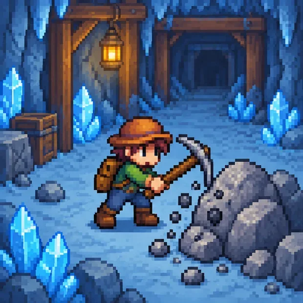 A farmer mines ordinary rocks on a blue-tinted floor in an underground mine.
