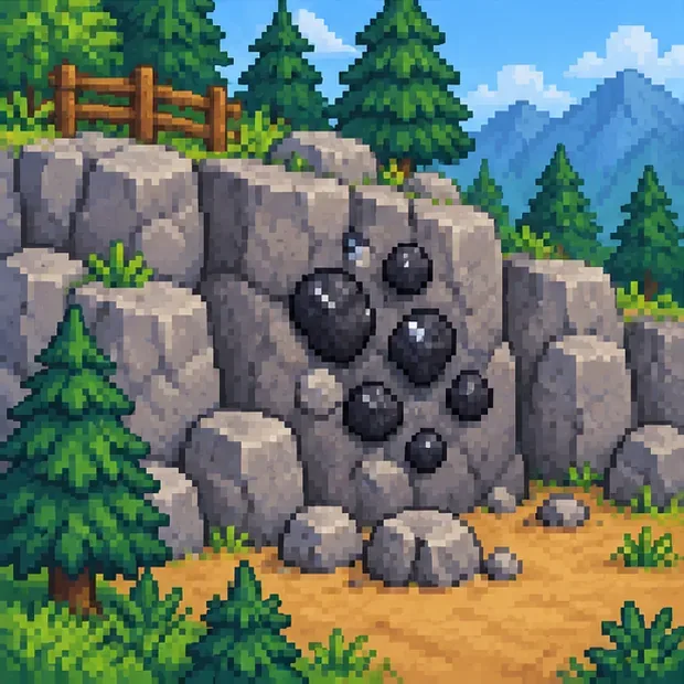 Dark Coal Nodes are embedded in a rocky quarry wall beside trees.