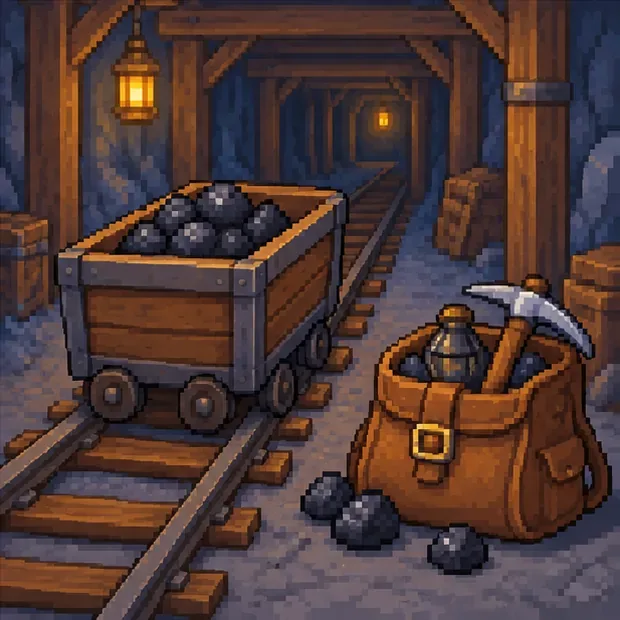 A wooden minecart filled with dark rocks sits beside a brown miner’s bag on mine tracks.