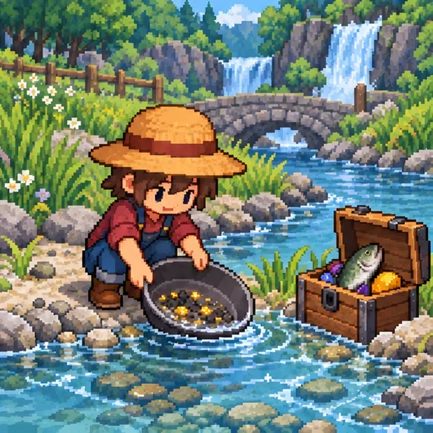 A farmer pans a river beside a small treasure chest filled with fish and minerals.