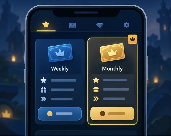 A generic mobile game store mockup with weekly and monthly membership cards side by side