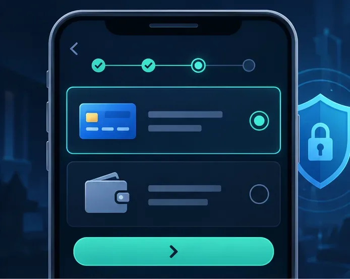 A generic secure payment selection screen with card and wallet options and a shield icon