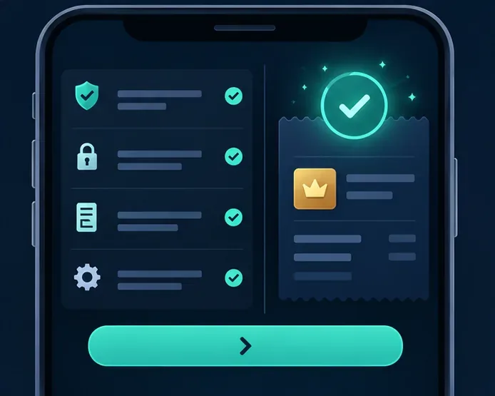 A generic game purchase checklist and receipt screen with a shield and checkmark