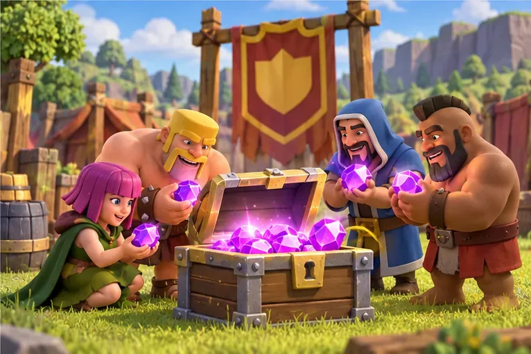 Члены клана Clash of Clans собираются вокруг сундука с наградами, в котором находятся фиолетовые самоцветы, иллюстрирующие выбор награды и преобразование избыточных предметов.