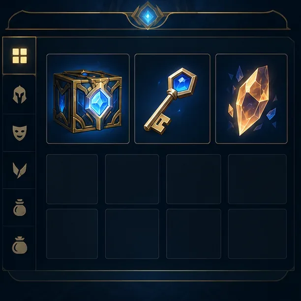 An illustrative Hextech loot panel with a chest, a key, and a skin shard.