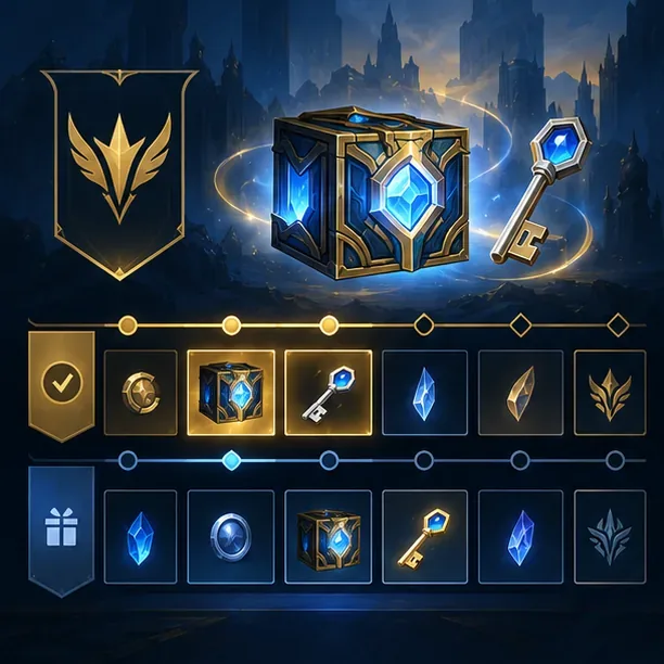 An illustrative battle pass reward track with Hextech chest and key icons among its milestones.