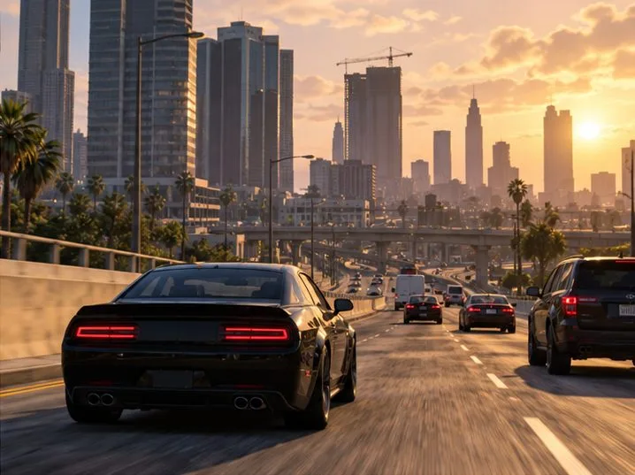 Um carro esportivo escuro atravessa o centro da cidade em direção a uma missão ao pôr do sol.