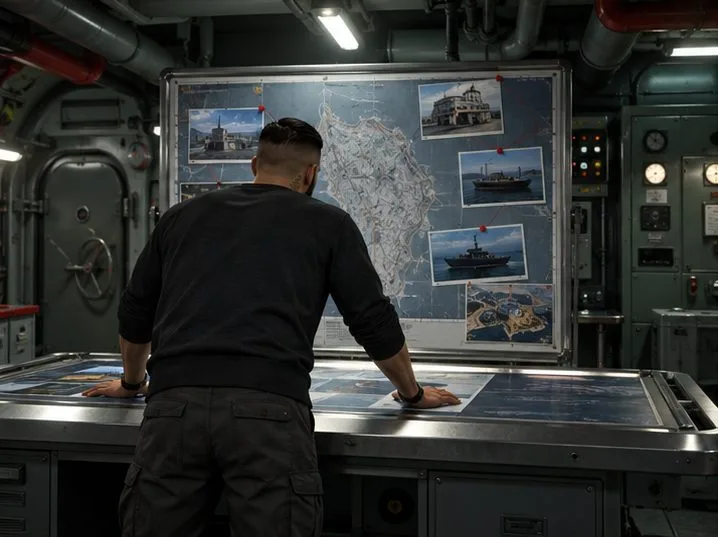 Um jogador estuda um quadro de planejamento dentro da sala de controle de um submarino antes de um assalto.