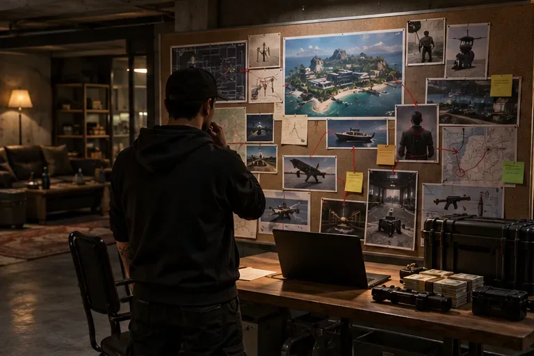 Um jogador estuda mapas de rotas e fotografias de missões em uma parede de planejamento em um esconderijo modesto.