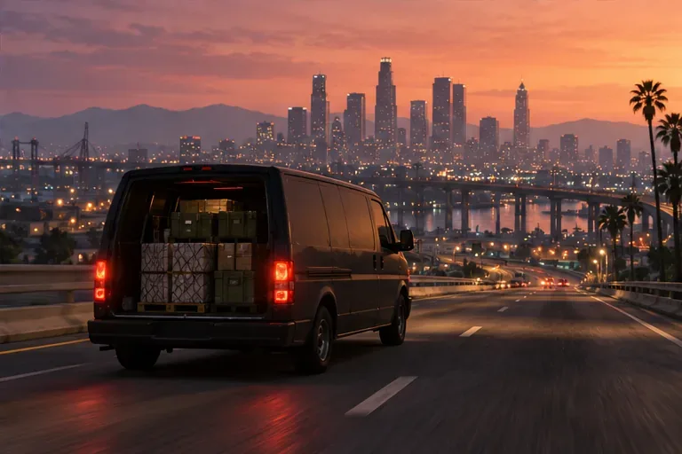 Uma van de entregas, carregada com mercadorias visíveis, dirige-se para uma cidade ao pôr do sol.