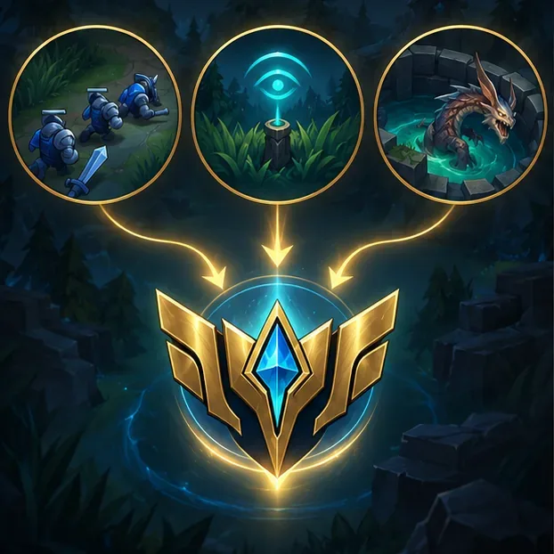 Three gameplay symbols show minion farming, a vision ward, and an objective flowing toward a mastery crest.
