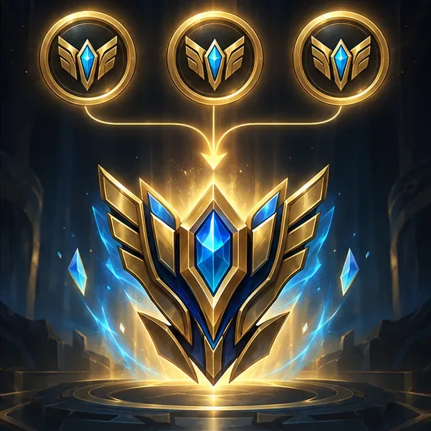 Three gold mastery marks point toward a large ornate mastery crest, illustrating the three marks required to advance from Levels 4 through 7.