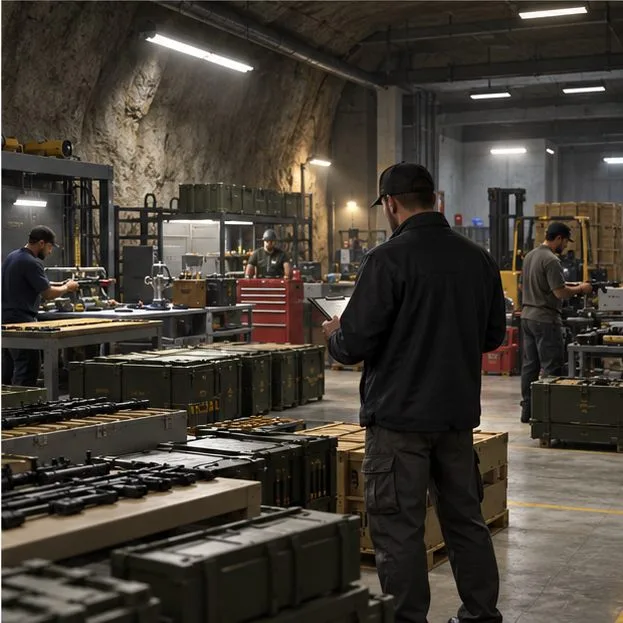 Um empresário verifica caixas empilhadas e equipamentos de produção dentro de um bunker subterrâneo.