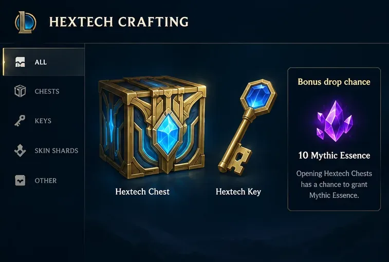 Baú e chave Hextech exibidos ao lado de um painel de bônus de obtenção de Essência Mítica.