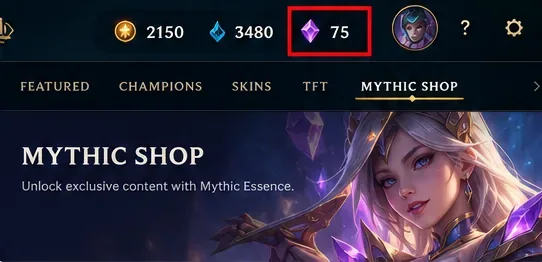 O cabeçalho da Loja Mítica do cliente League é exibido com a barra de moeda da conta e a arte cosmética.