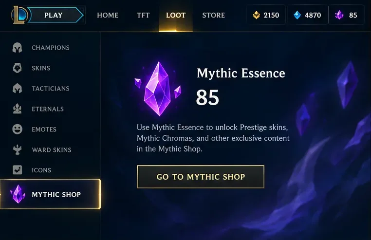 Painel de itens do cliente League com um cristal de Essência Mítica roxo, indicador de saldo e acesso à Loja Mítica.