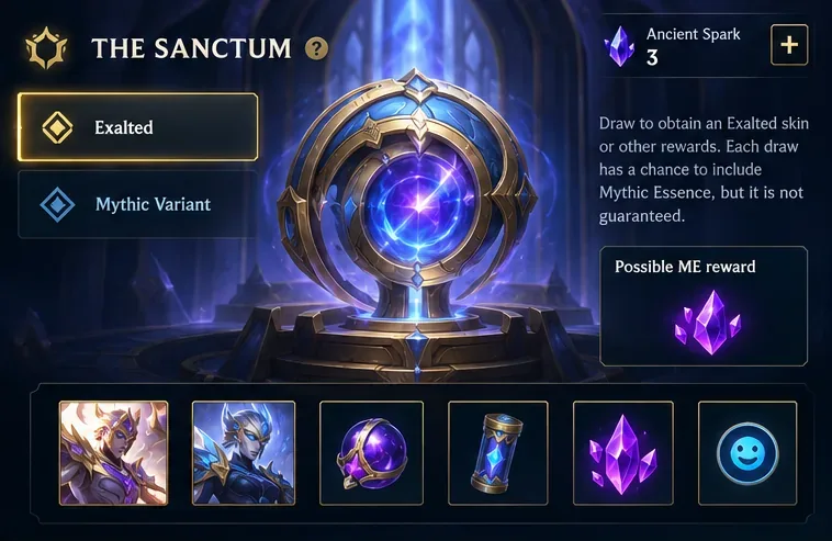Interface do Santuário com opções de banners variantes Exaltado e Mítico e possíveis recompensas de Essência Mítica.