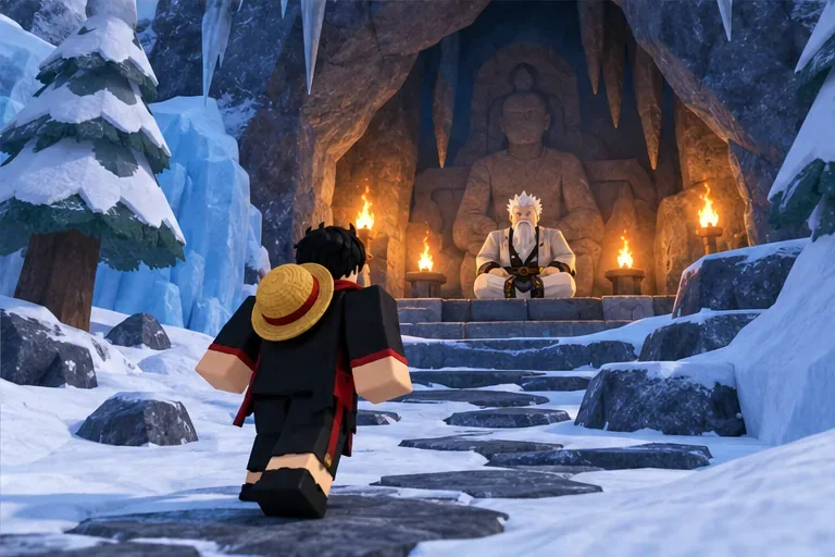 A blocky pirate approaches a martial-arts teacher seated inside a snowy mountain cave