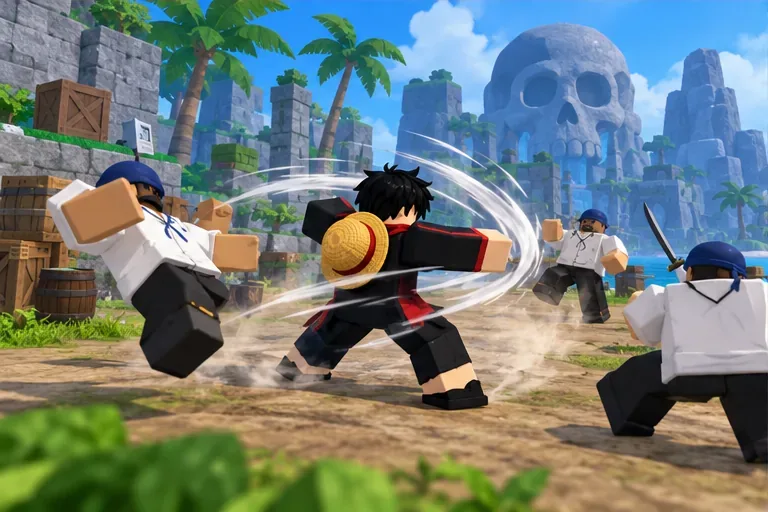 A blocky pirate avatar practices a melee fighting style against several island enemies