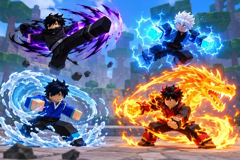 Four blocky fighters show dark kicking, electric attacks, water kung fu, and dragon-fire combat effects