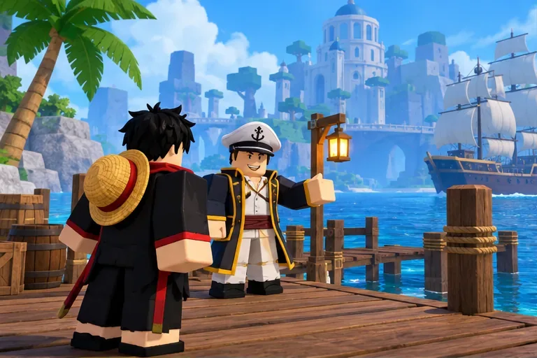 A blocky pirate avatar speaks with a harbor guide at a tropical dock before heading to another sea