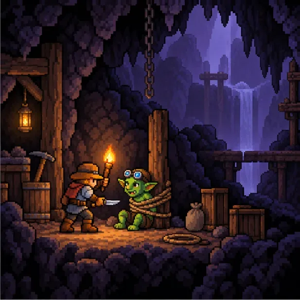 A bound green goblin and an adventurer in a torchlit underground cavern.