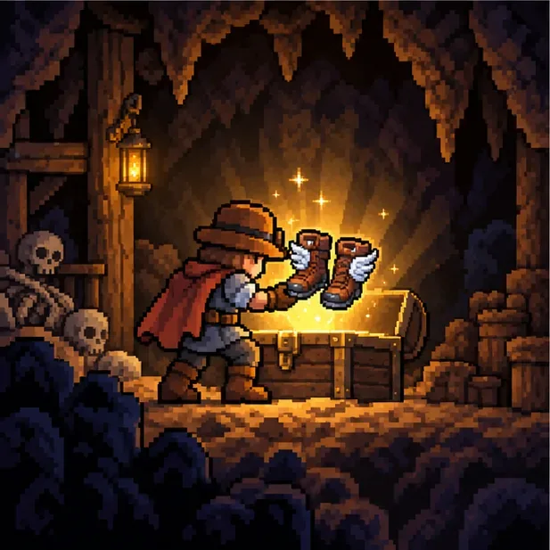 An adventurer discovers a pair of winged running boots above an underground chest.