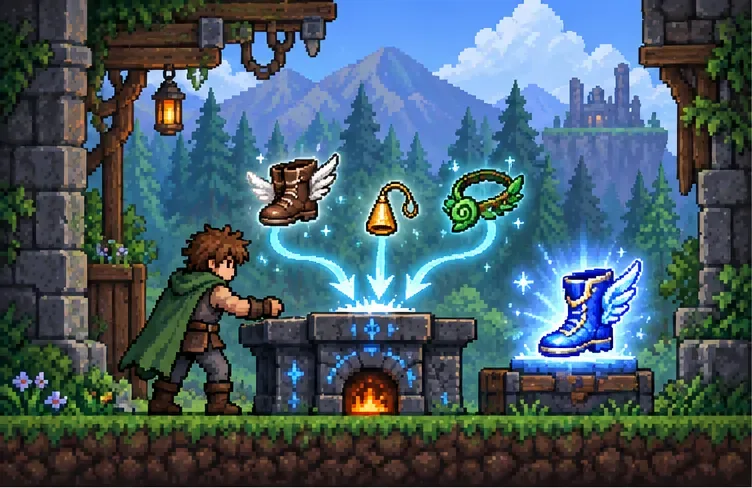 A stone crafting station combines running boots, a gold Aglet, and a green anklet into blue boots.