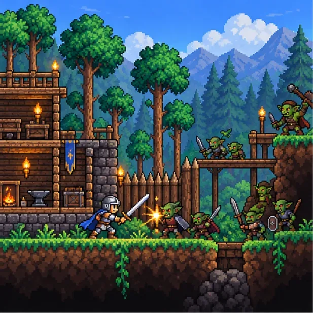 A pixel-art adventurer fights goblins outside a wooden base.