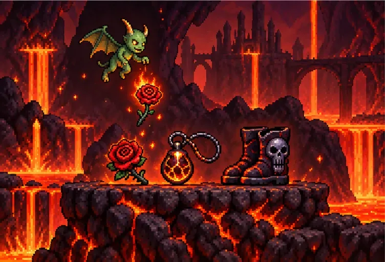 A green Fire Imp floats above a red flower, a lava charm, and dark boots marked with a skull in the Underworld.