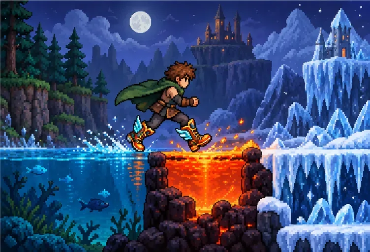 An adventurer wearing orange and teal boots runs across water, a narrow lava crossing, and ice.