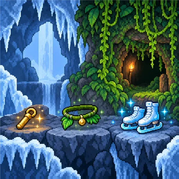 A gold Aglet, green Anklet of the Wind, and white ice skates sit beside icy and jungle caves.