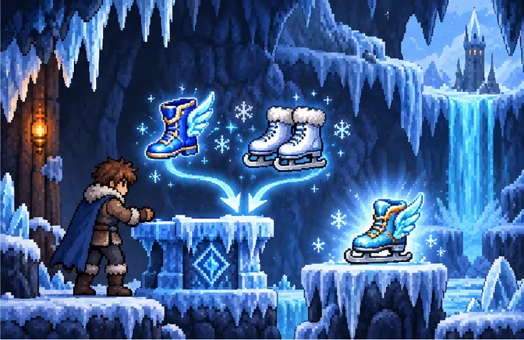 A blue speed boot and white ice skates combine at a frozen crafting table into upgraded blue boots.