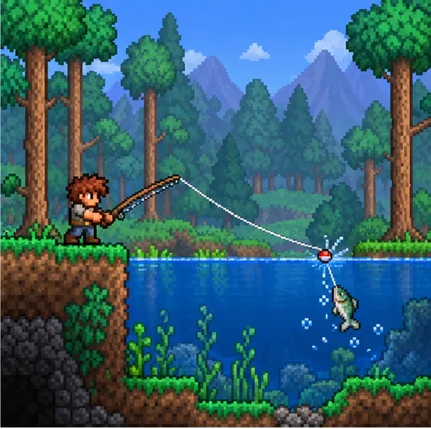 Een avonturier in Terraria-stijl die met een hengel en dobber vist in een vijver in het bos.